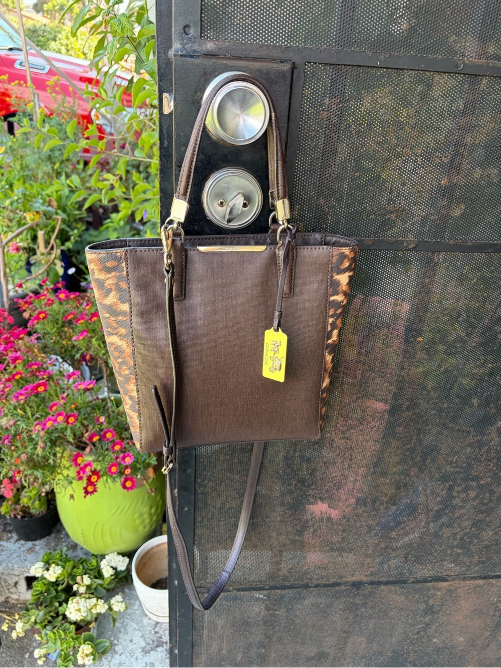 Coach Y2k Madison North/South Colorblock Leopard Brown Saffiano Leather Tote